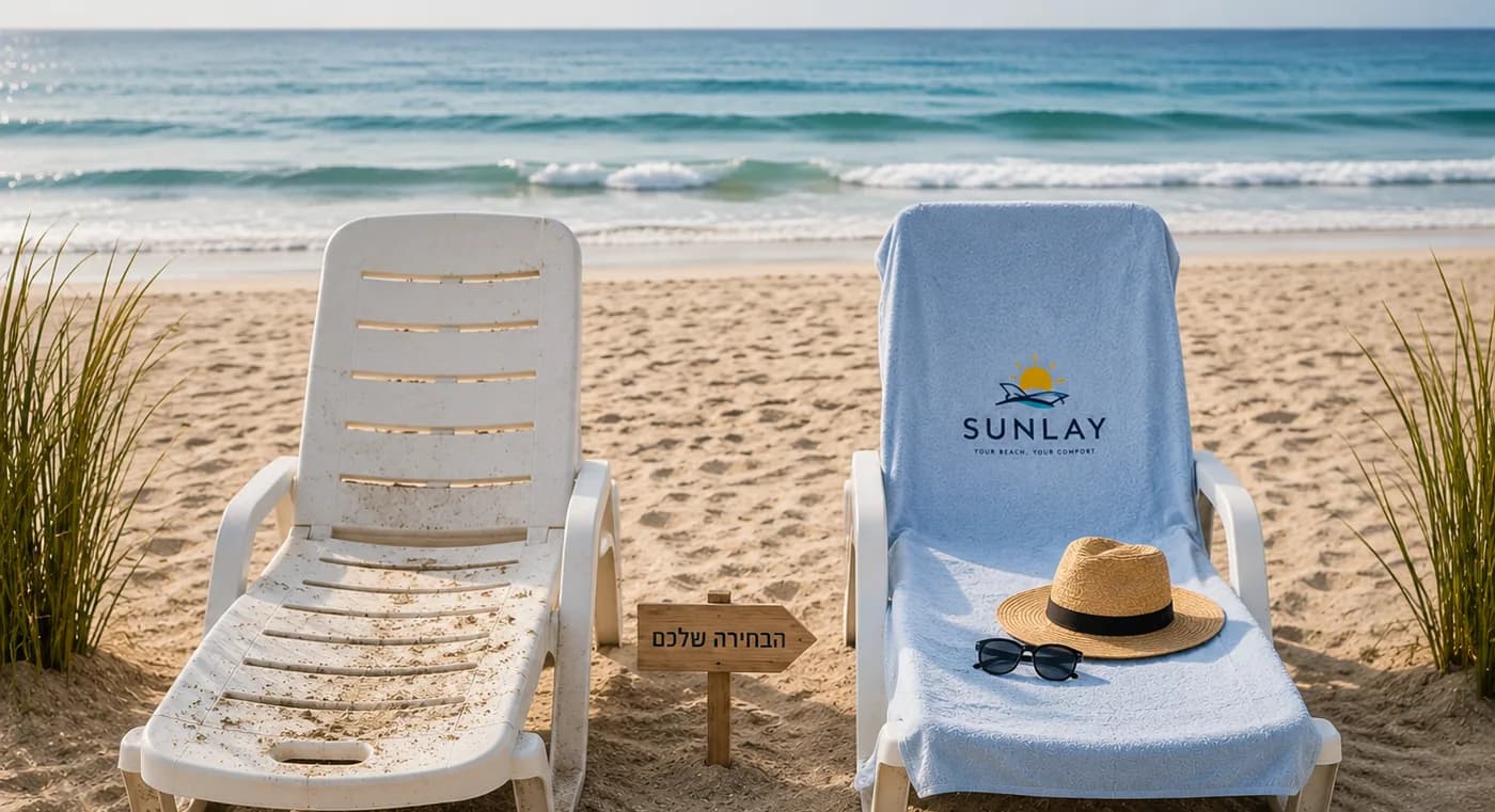 המחשה: מיטת שיזוף רגילה לצד מיטה עם שכבת SUNLAY